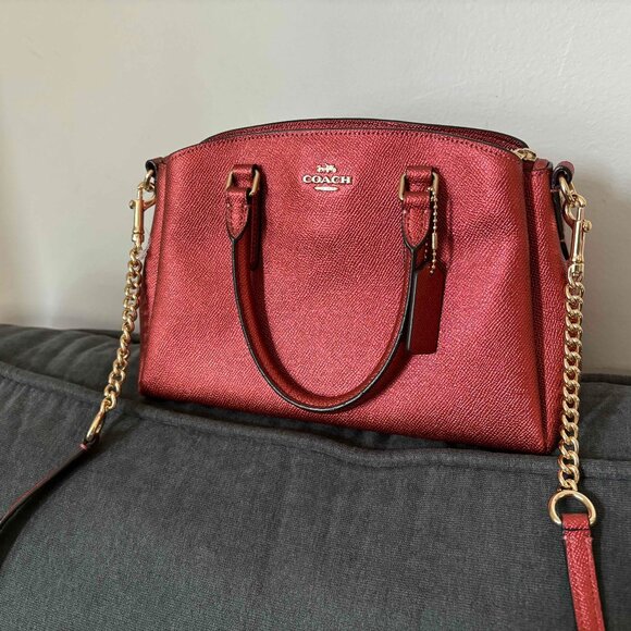 Coach Mini Sage Carryall Purse, Metallic Ruby Red Crossbody Handbag - Picture 1 of 10